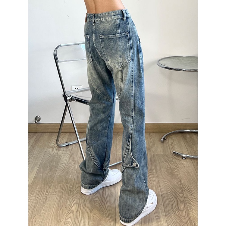 Quần Jean Ống Đứng Cài Nút Phong Cách Retro Đường Phố Mỹ Cho Nam