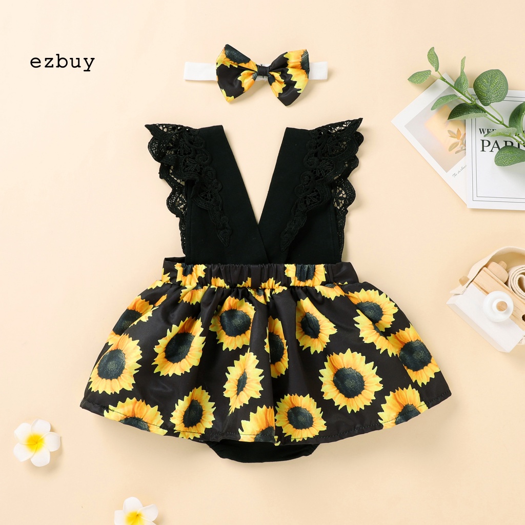 Bộ Đầm Liền Thân Bằng Cotton Họa Tiết Hoa Kèm Băng Đô Thanh Lịch Dành Cho Bé Gái