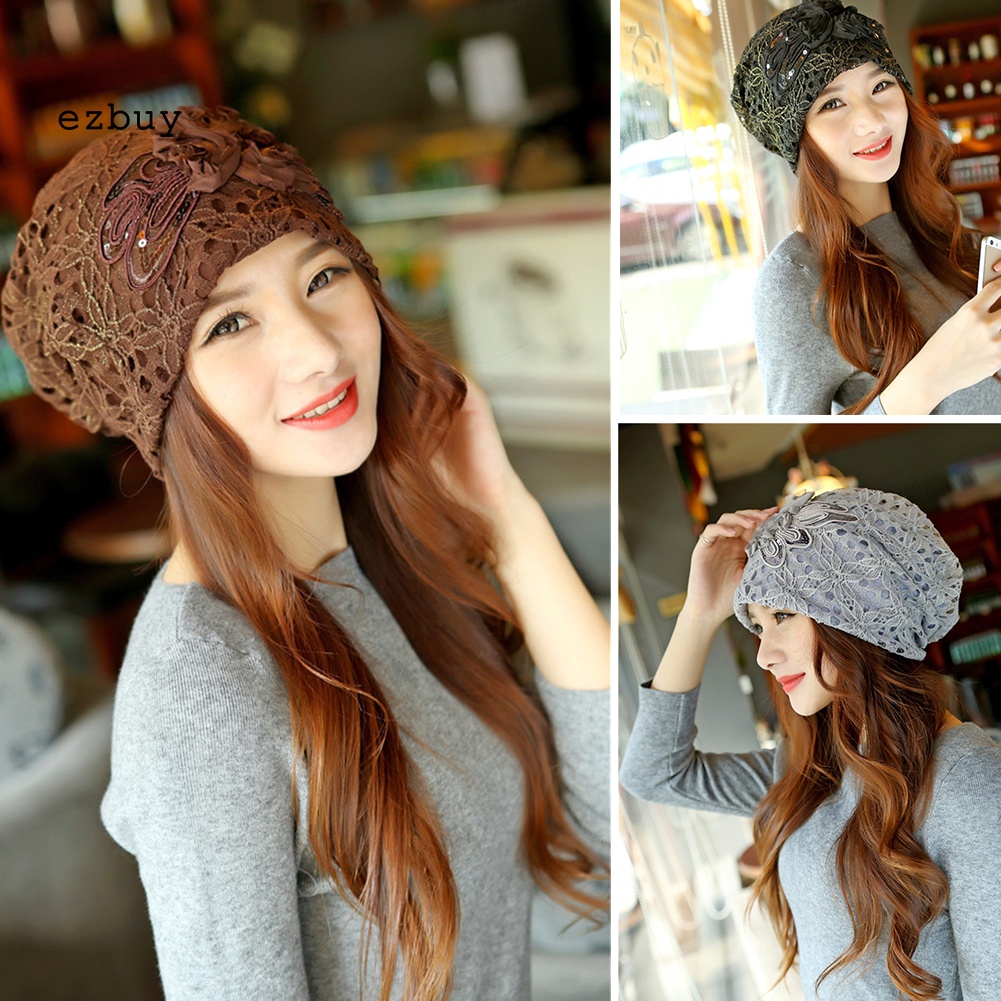 Mũ Trùm Đầu Giữ Ấm Chống Gió Phối Ren Hoa Thời Trang Cho Nữ