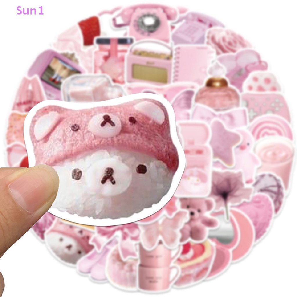 Set 50 Miếng Dán Hình Gấu Hồng Graffiti Dễ Thương Dùng Trang Trí Xe Hơi / Laptop / Vali