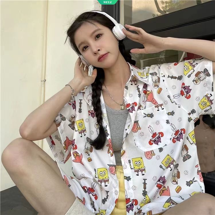 Áo Sơ Mi Ngắn Tay Dáng Rộng In Hình Spongebob Phong Cách Retro Nhật Bản Thời Trang Mùa Hè 2023 Dành Cho Nữ Sinh