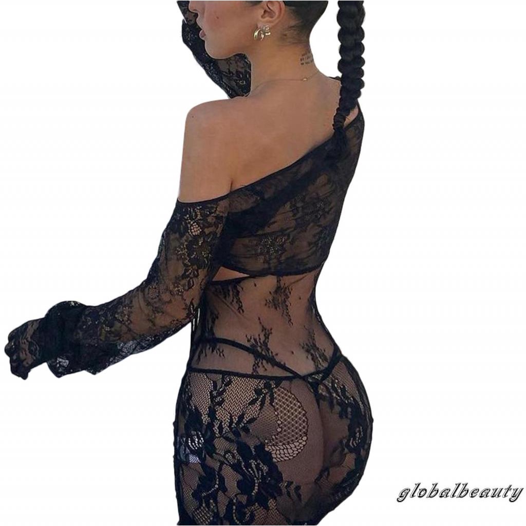 Gb-đầm Nữ Một Mảnh Tay Dài Màu Trơn Phối Ren Nhìn Thấy Thời Trang Mùa Hè S / M / L