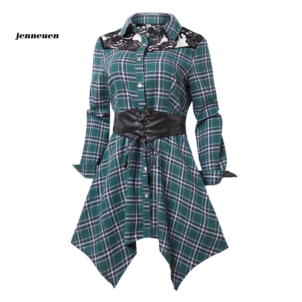 Áo Sơ Mi Cổ Bẻ Viền Ren Dáng Dài In Họa Tiết Kẻ Sọc Thiết Kế Lệch Tà Thời Trang Cho Nữ