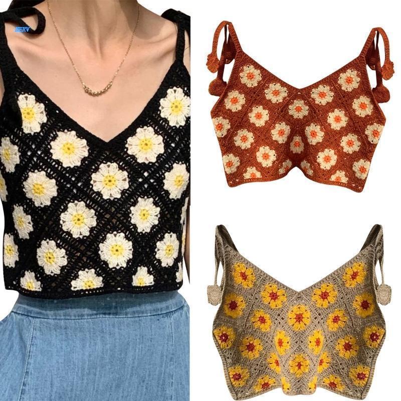 Nerfv Áo Crop Top Dệt Kim Không Tay Hở Lưng Họa Tiết Hoa Cúc Vintage Ngọt Ngào Gợi Cảm Đi Biển Dành Cho Nữ
