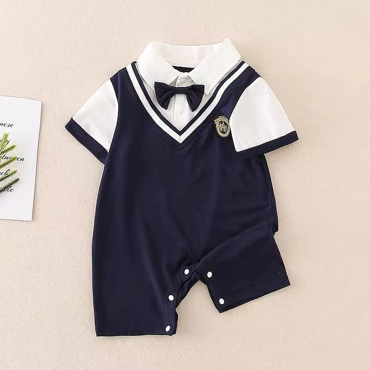 Bộ Áo Liền Quần Giả Hai Mảnh Tay Ngắn Thắt Nơ Phong Cách Quý Ông Thời Trang Mùa Hè Dành Cho Bé Trai