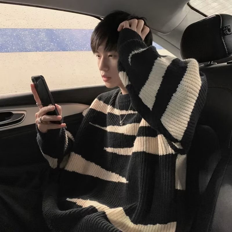 Áo sweater Dệt Kim Cổ Tròn Dáng Rộng Màu Sắc Tương Phản Thời Trang Mùa Đông Cho Nam