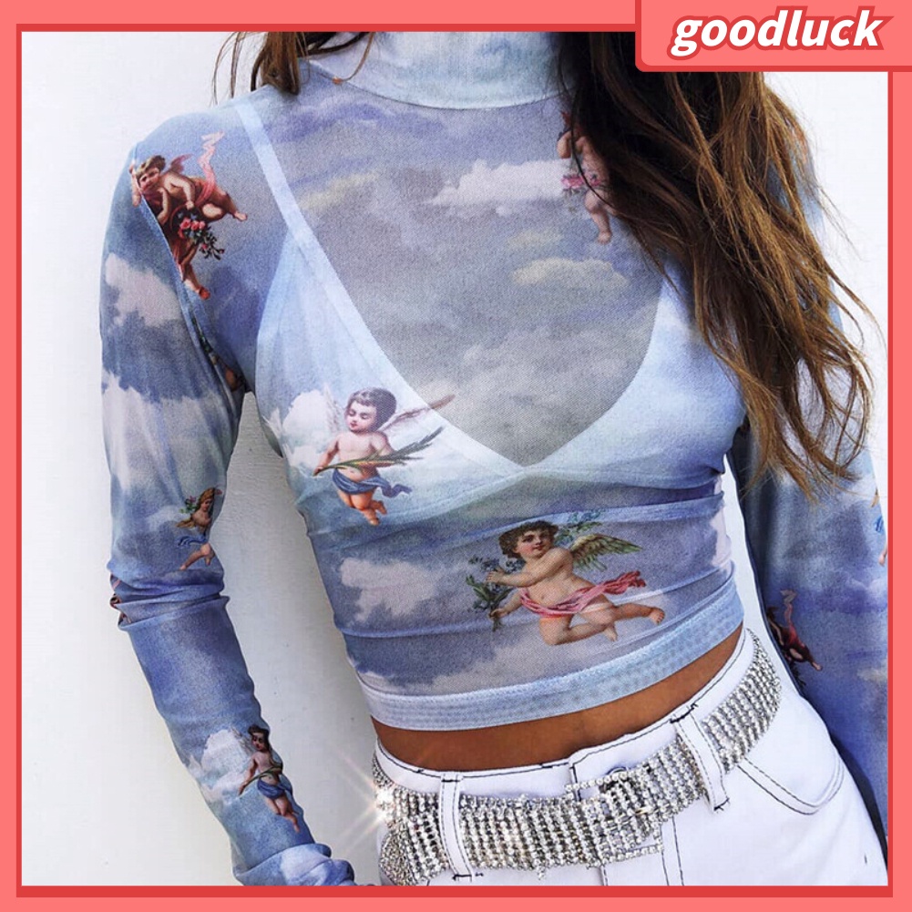 [ULK] Áo Crop Top Tay Dài Cổ Cao Xuyên Thấu Mềm Mại Quyến Rũ Cho Nữ