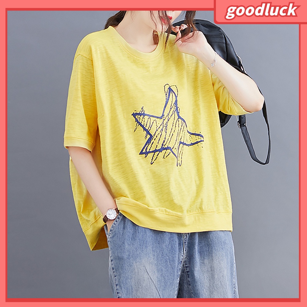 Áo Thun Cotton Tay Ngắn Cổ Tròn In Hình Ngôi Sao Thời Trang Mùa Hè Cho Nữ