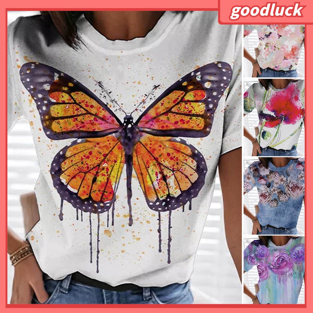 Áo Sơ Mi Cổ Tròn Dáng Rộng In Họa Tiết Hoa Màu Nhuộm Thoải Mái Thời Trang Mùa Hè Cho Nữ