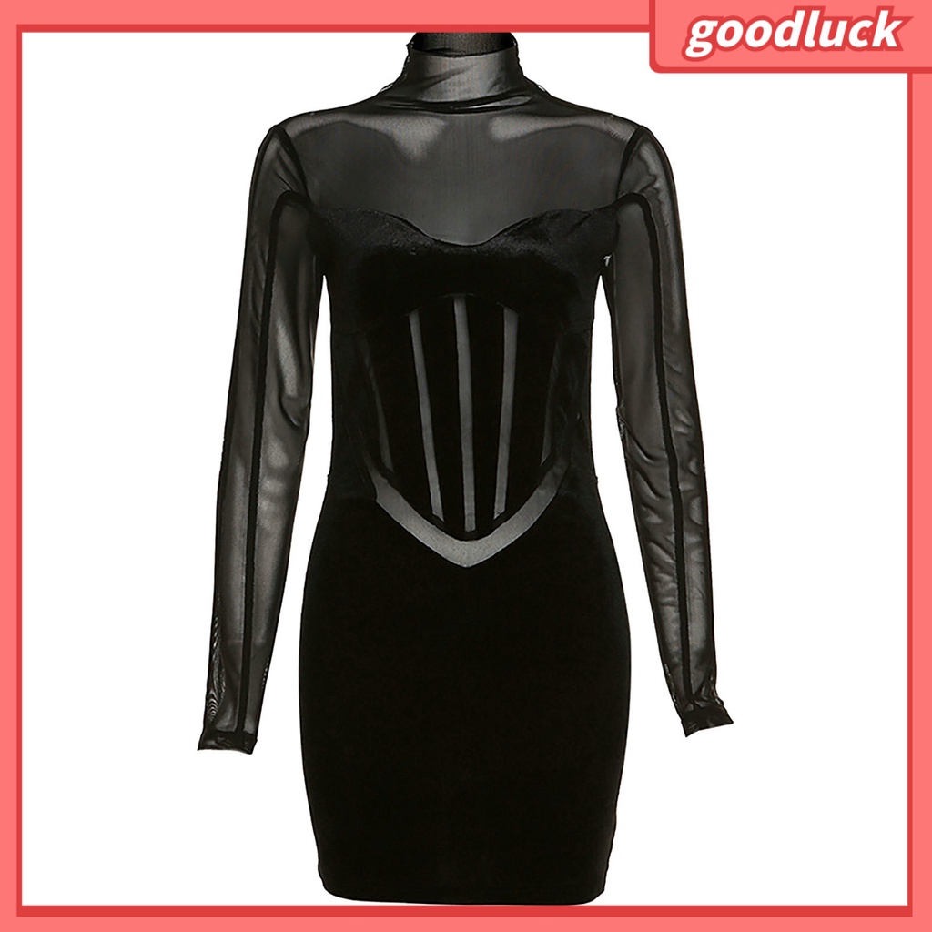 Đầm Lưới Tay Dài Cổ Cao Mỏng Xuyên Thấu Quyến Rũ Thời Trang Cho Nữ