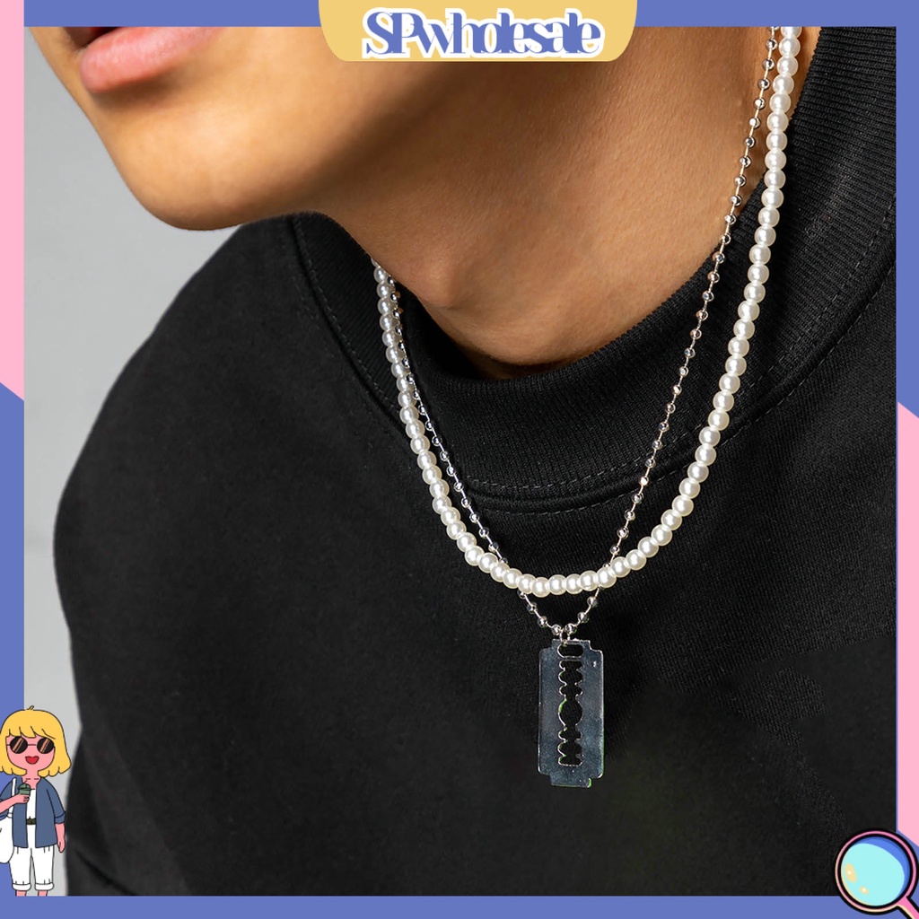 &lt;SPwholesale&gt; Vòng cổ Hai Lớp Chuỗi Ngọc Trai Nhân Tạo Hình Học Có Thể Điều Chỉnh Trang Sức Thời Trang Hip Hop Dành Cho Nam