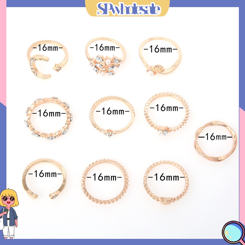 <SPwholesale> Set 10 Nhẫn Thời Trang Hình Học / Lá / Mặt Trăng / Trái Tim Không Phai Màu Trọng Lượng Nhẹ Cho Nữ