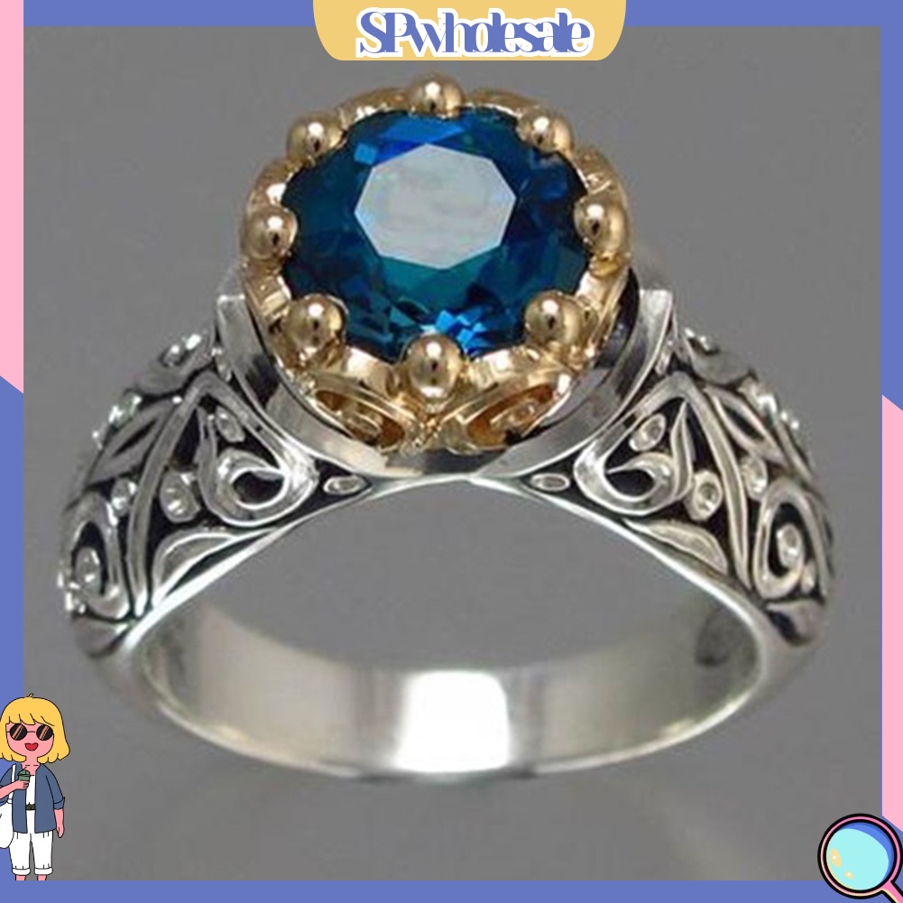 <SPwholesale> Nhẫn Mạ Bạc Đính Đá Topaz Nhân Tạo Phong Cách Vintage Thời Trang