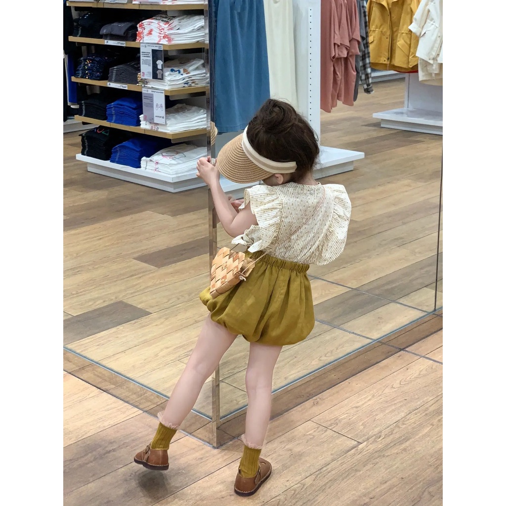 Bộ Áo Sơ Mi Cotton Lanh Tay Bay + Quần Short Thời Trang Mùa Hè Hàn Quốc 2023 Cho Bé Gái