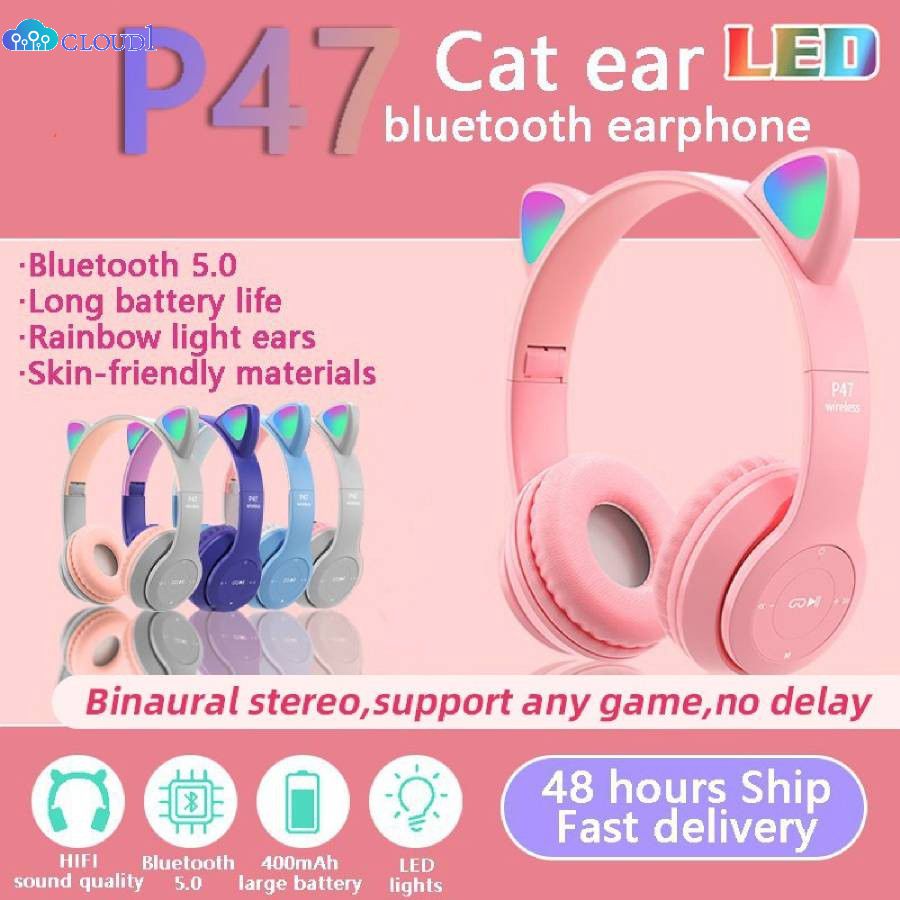 Tai Nghe Mèo Bluetooth P47m Mz47 Tai Mèo Dễ Thương Có Mic, Âm Bass Chuẩn Nghe Nhạc Cực Hay Cloud1