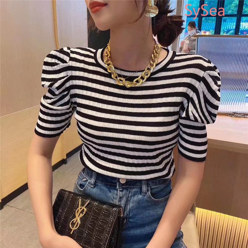 Áo Dệt Kim Tay Phồng Họa Tiết Kẻ Sọc Thời Trang Mùa Hè Hàn Quốc Cho Nữ