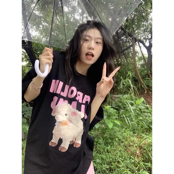 Áo Thun 100% cotton Màu Đen Dáng Rộng In Họa Tiết Xinh Xắn Thời Trang Mùa Hè Cho Nữ 3619