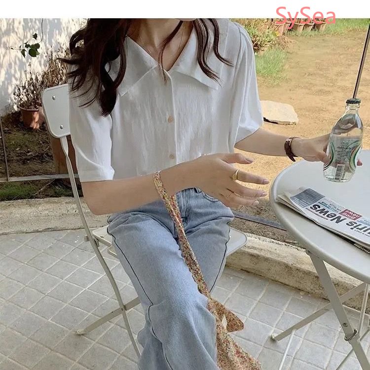 Áo Sơ Mi Trắng Tay Ngắn Cổ Chữ V Phong Cách Hàn Quốc Cho Nữ