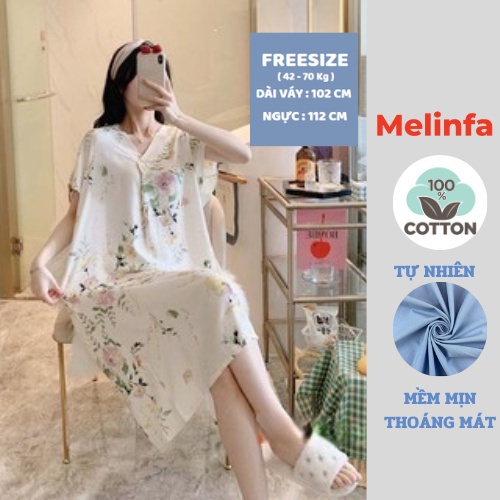 Váy ngủ ngắn tay vải Cotton lụa tự nhiên mềm mại thoáng mát, đầm mặc nhà mùa hè cổ V freesize rộng rãi mã VAV0222