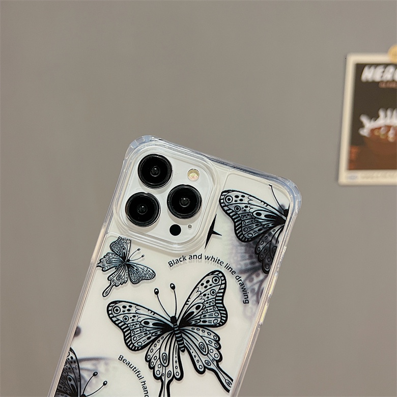 Ốp Điện Thoại Silicone tpu Mềm Trong Suốt Chống Sốc In Hình Bướm Đơn Giản Có Dây Đeo Cho iphone 12 14 13 11 Pro Max