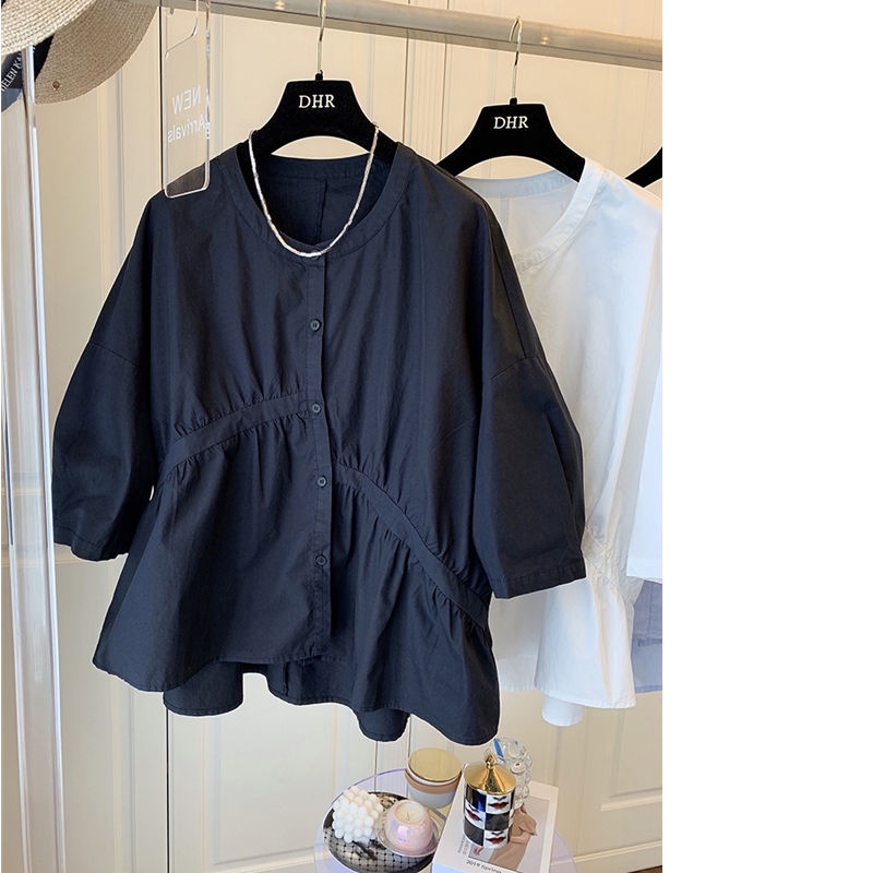 Áo Sơ Mi Tay Lửng Dáng Rộng Chất Liệu Cotton Thiết Kế Xếp Ly Size S-3XL Thời Trang Xinh Xắn Cho Nữ