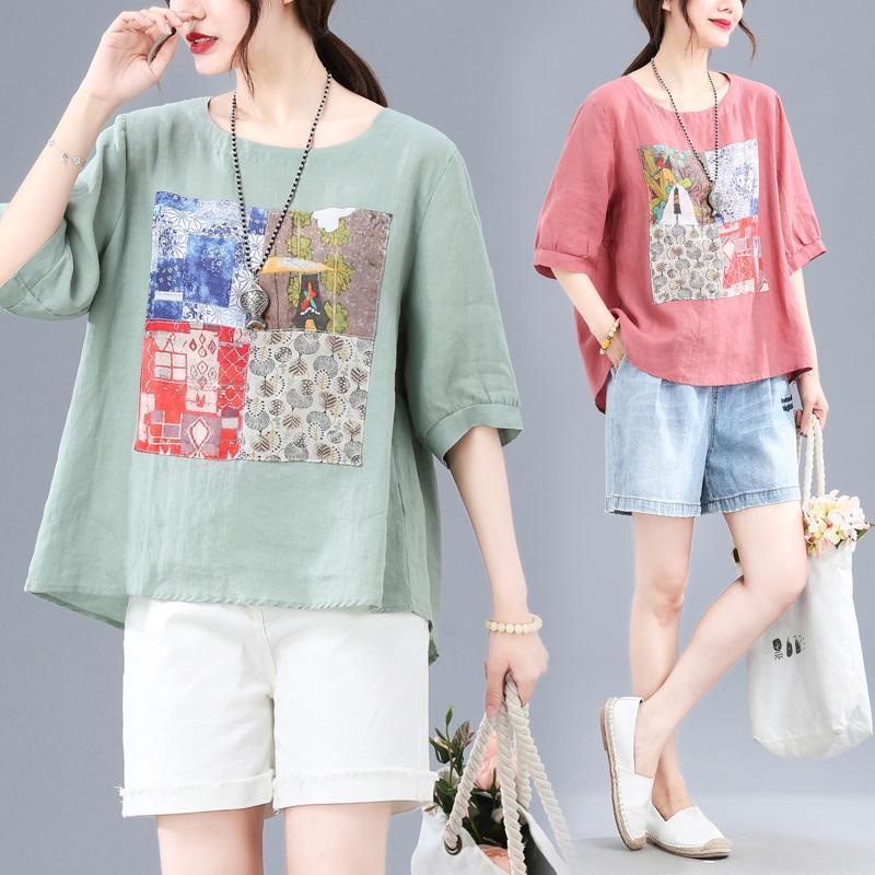 Áo Thun Cotton Lanh Tay Ngắn Dáng Rộng Thắt Nơ Sau Lưng Phong Cách Retro Mùa Hè Cho Nữ