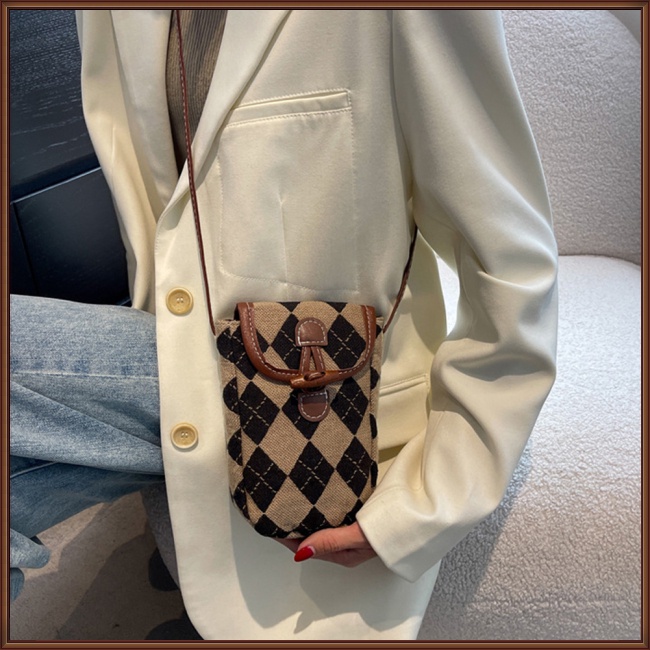 Túi Đeo Chéo Đựng Điện Thoại Có Khóa Kéo Họa Tiết Hình Thoi Đơn Giản Thời Trang Cho Nữ