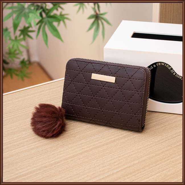 Ví Ngắn Bằng Da Pu Màu Trơn Thêu Họa Tiết Có Nhiều Ngăn Đựng Thẻ Và Bóng Lông Cho Nữ