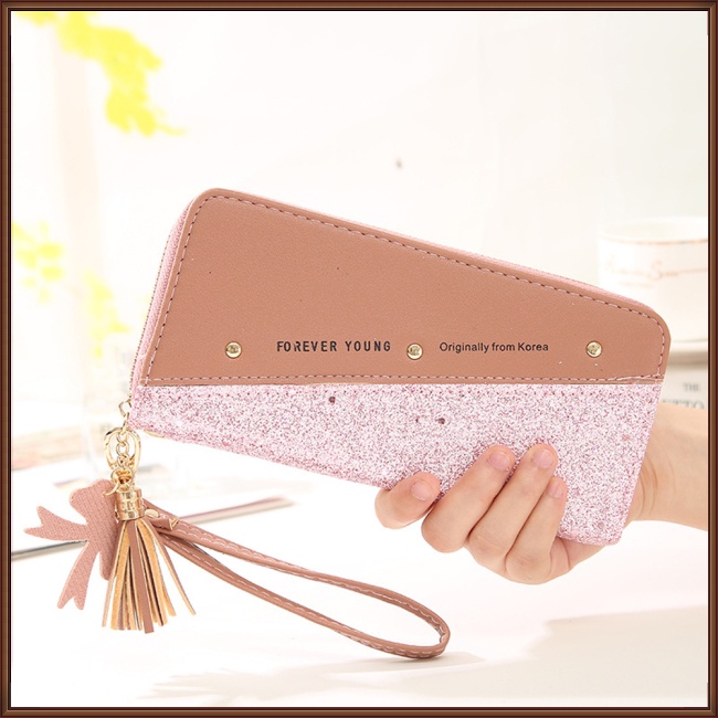 Ví Da Pu Dáng Dài Nhiều Ngăn Đựng Thẻ Phối Khóa Kéo Màu Tương Phản Thời Trang Cho Nữ