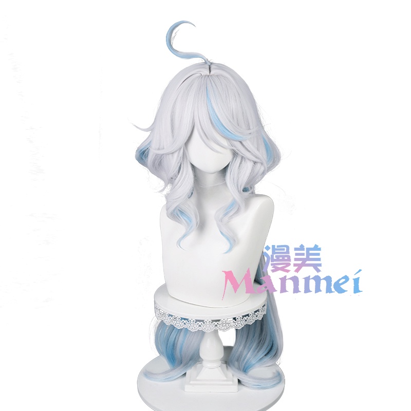 Manmei Genshin Impact Focalors Cosplay Wig 100cm Long Silver White Blue Wigs Cosplay Anime Cosplay Wigs Heat Resistant Synthetic Wigs