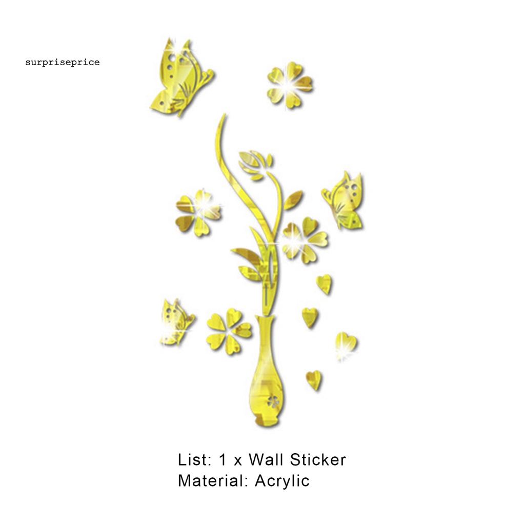 Sticker Dán Tường Bằng Acrylic Mặt Gương Hình Lọ Hoa Và Bướm Trang Trí Nhà Cửa