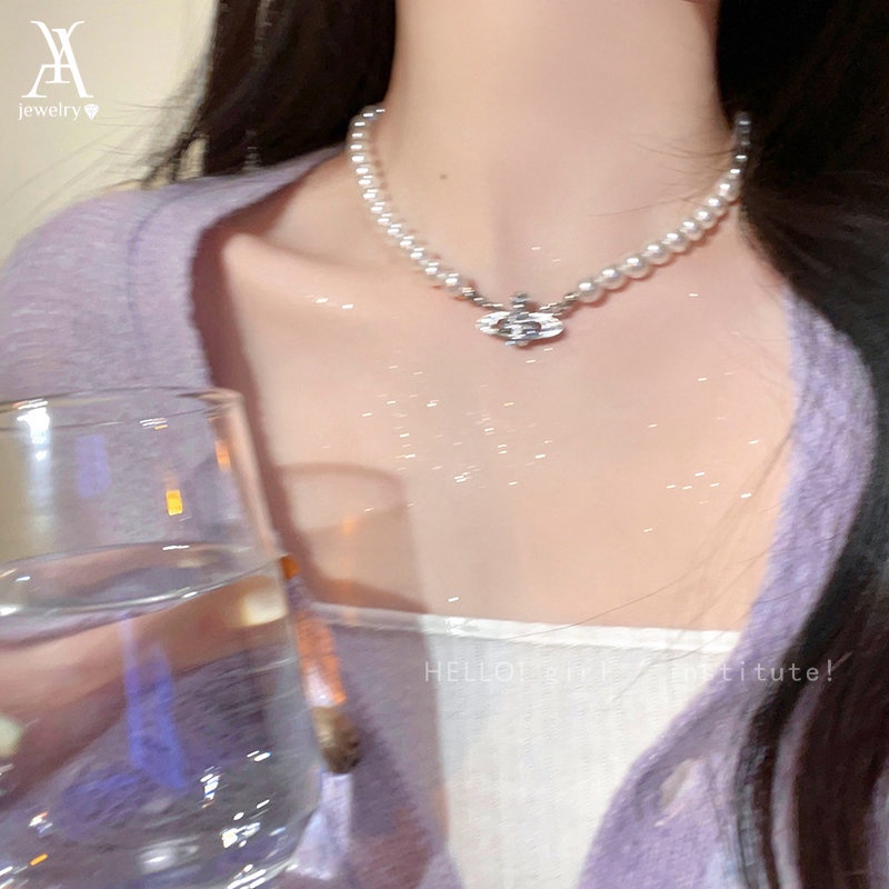 Vòng cổ choker AY bạc đính hạt ngọc trai mặt hành tinh thời trang sang trọng cho nữ