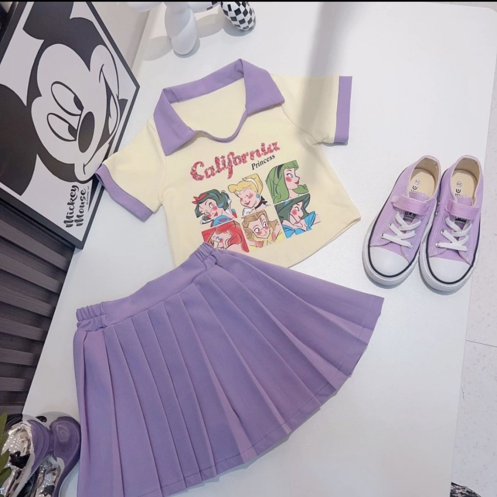 Set Áo Thun Tay Ngắn + Chân Váy Xếp Ly In Họa Tiết Hoạt Hình Thời Trang Mùa Hè Xinh Xắn Cho Bé Gái