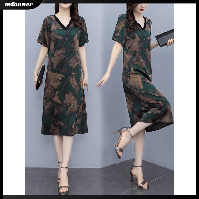 Đầm Midi Tay Ngắn Cổ Chữ V Bằng Lụa Lạnh Dáng Rộng In Họa Tiết Cổ Điển Thời Trang Mùa Hè Dành Cho Bạn Nữ