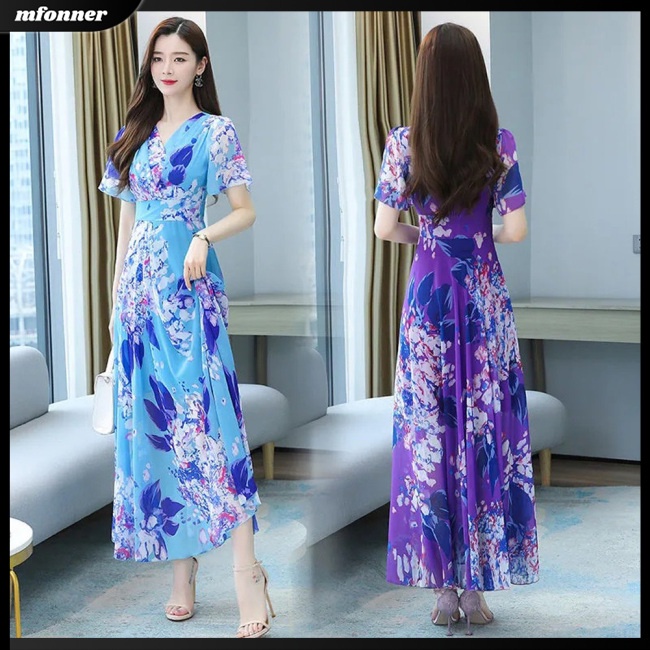 Đầm Tay Ngắn Cổ Chữ V In Họa Tiết Bohemian Thời Trang Cho Nữ