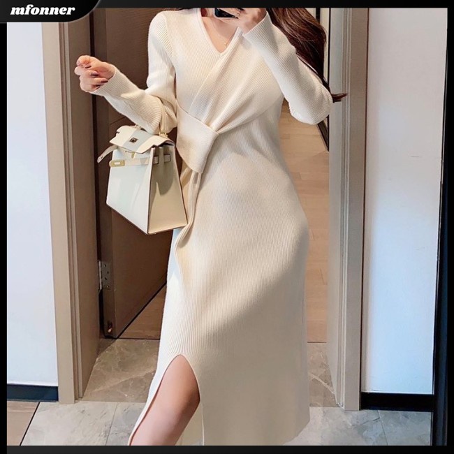 Đầm Dệt Kim Tay Dài Cổ Chữ V Màu Sắc Đơn Giản Cho Nữ