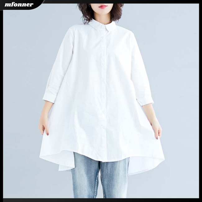 Áo Sơ Mi Cotton Lanh Tay Lửng Dáng Rộng Màu Sắc Đơn Giản Cho Nữ