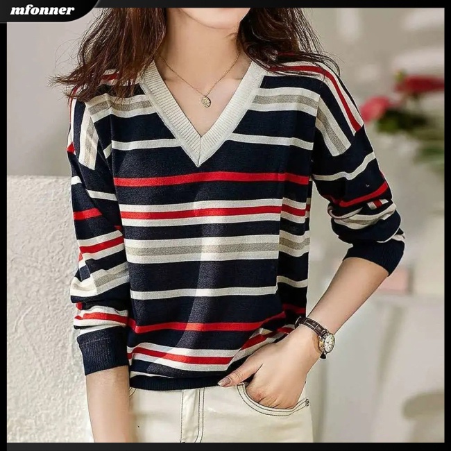 Áo Dệt Kim Nữ Dài Tay Cổ Chữ V Phối Màu Tương Phản Thời Trang