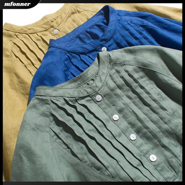 Áo Sơ Mi Vải Lanh Cotton Tay Dài Cổ Đứng Xếp Ly Trước Và Sau Lưng Cho Nữ