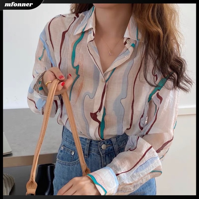 Áo Sơ Mi Tay Dài Dáng Rộng Họa Tiết Kẻ Sọc Màu Sắc Tương Phản Thời Trang Mùa Hè Cho Nữ