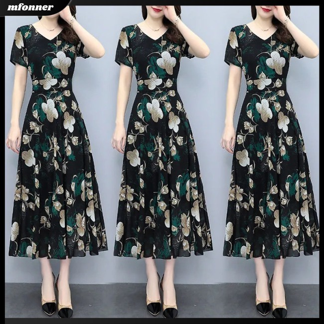 Đầm Cổ Chữ V Eo Cao Tay NgắN in Hoa ThờI Trang Cho Nữ