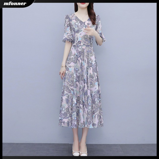 Đầm Midi Tay Ngắn Cổ Chữ V Vải Lụa Lạnh In Hoa Eo Thun Thời Trang Mùa Hè Cho Bạn Gái