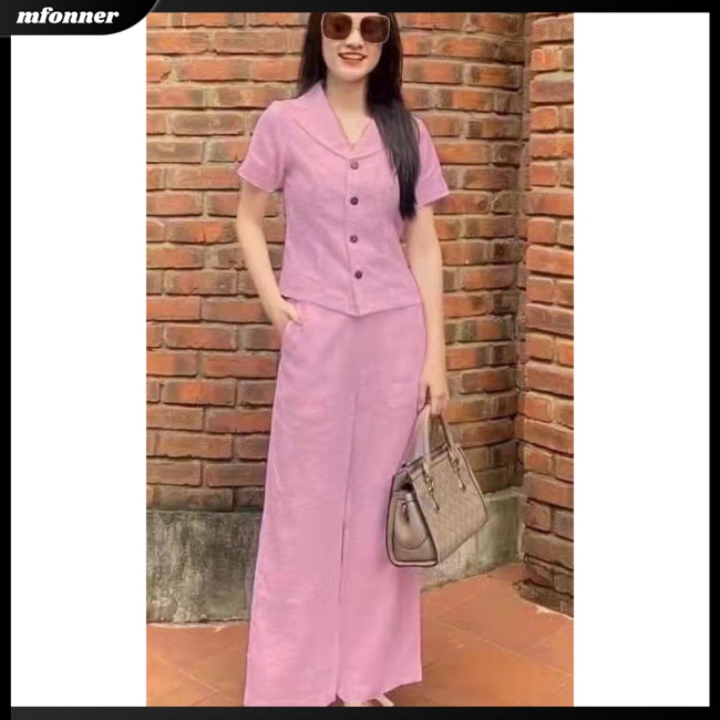 Bộ Trang Phục 2 Mảnh Áo Tay Ngắn Màu Trơn Phối Quần Dài Ống Rộng Thời Trang Cho Nữ