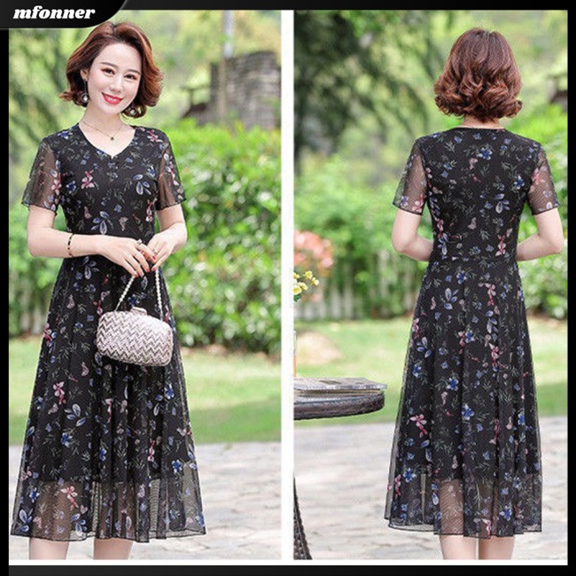 Đầm Tay Ngắn Cổ Chữ V In Họa Tiết Hoa Thời Trang Xinh Xắn Cho Nữ