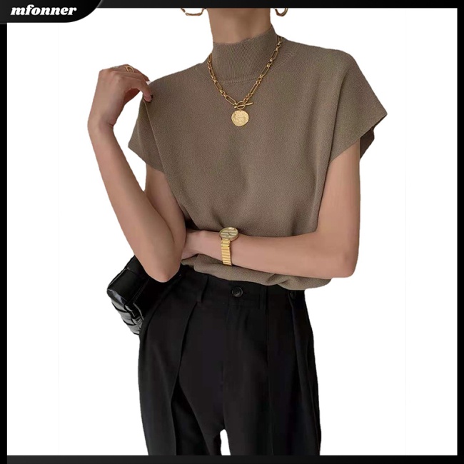 Áo Dệt Kim Nữ Ngắn Tay Cổ Cao Dáng Rộng Màu Sắc Thanh Lịch