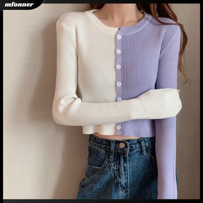Áo Khoác Cardigan Dệt Kim Tay Dài Cổ Tròn Dáng Ôm Cài Khuy Màu Sắc Tương Phản Cho Nữ
