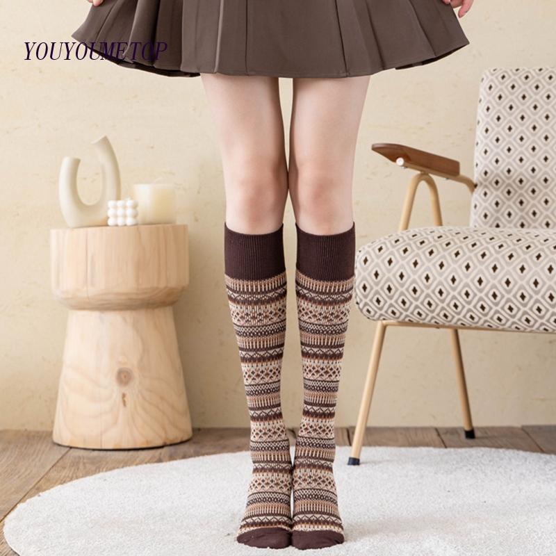 Đôi Vớ Cotton Dài Qua Gối Họa Tiết Hình Học Kẻ Sọc Màu Sắc Tương Phản Thời Trang Harajuku Cho Nữ