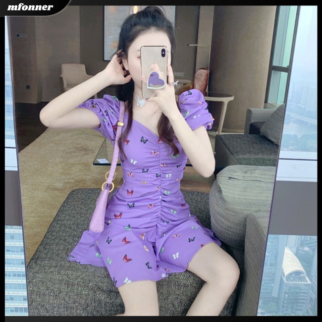 Đầm Tay Phồng Cổ Chữ V Lưng Cao In Họa Tiết Bướm Phong Cách Cổ Điển Thời Trang Cho Nữ