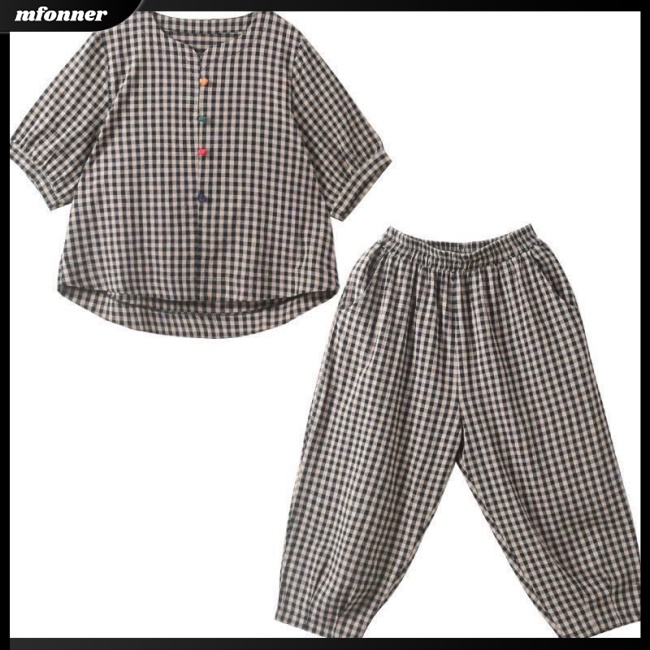 Set Đồ 2 Món Áo Croptop Tay Ngắn Và Quần Dài Họa Tiết Caro Thời Trang Cho Nữ