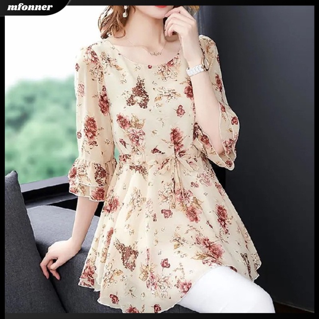 Áo Nữ Tay Ngắn Cổ Tròn Dáng Rộng In Hoa Thời Trang